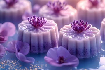 Multiple purple flower-shaped desserts with floral decorations, surrounded by petals, exuding a sense of elegance and gourmet sweetness.