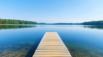 Naklejka premium Serene Summer Retreat at a Tranquil Lake, a peaceful fishing pier extends over still waters, inviting reflection and relaxation in a perfect nature escape.