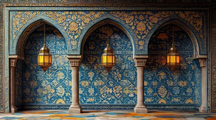 Obraz premium Ornate tiled walls with hanging lanterns in a traditional architectural setting