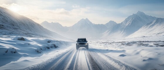 Snowy mountain road with towering peaks in the distance and a 4x4 vehicle navigating the icy trail under a crisp winter sky