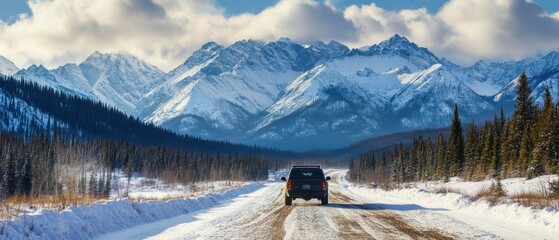 Snowy mountain road with towering peaks in the distance and a 4x4 vehicle navigating the icy trail under a crisp winter sky