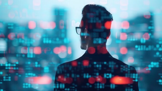 Manager immersed in optimization algorithms, blending human insight with data-driven logistics solutions, illustrating the synergy of leadership and advanced analytics.