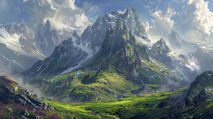 A majestic mountain range with snow-capped peaks, green valleys, and a blue sky with fluffy clouds.