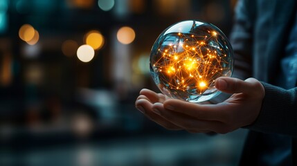Fototapeta premium Hand Holding Glowing Crystal Ball with Network Connections