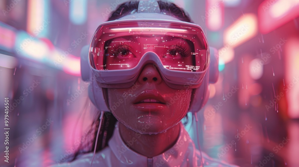 Poster create a futuristic scene featuring vr goggles immersed in a virtual world, with ai-generated animat