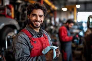 Fototapeta premium A smiling mechanic with a towel in a workshop, embodying skill, dedication, and the spirit of a hardworking professional.