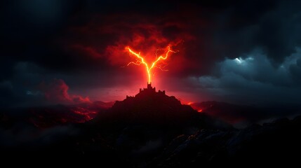 Fototapeta premium A medieval castle perched atop a rocky hill, illuminated by lightning under dark, stormy skies, Gothic, Oil painting, moody atmosphere, dark tones, dramatic lighting