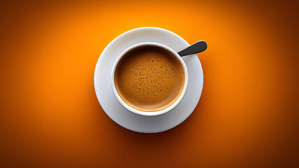 A cup of coffee centered in the image, viewed from the top, with a deep orange background.