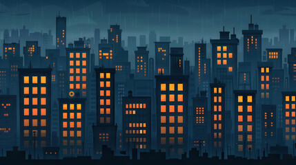 Urban Decay at Night, a stark city skyline reveals high rises seeping crude oil, illuminated windows against a dark aesthetic, symbolizing relentless energy consumption.