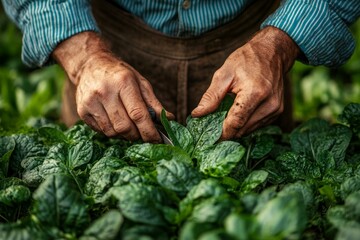 A farmer carefully harvesting fresh lettuce leaves from a garden bed, representing sustainable farming and organic produce.