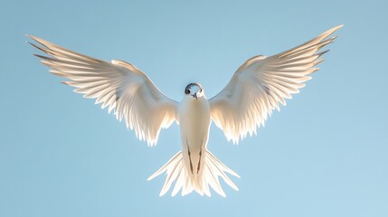 Fototapeta premium Close-up of a bird in mid-flight with wings spread wide, against a clear blue sky