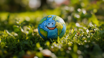 Colorful smiling globe resting on green grass in a sunny park, symbolizing environmental awareness