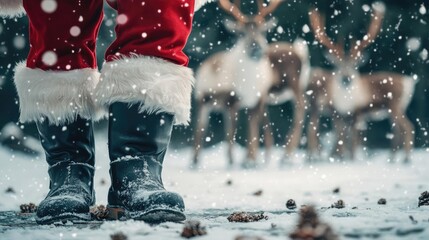 Close-up of Santa's boots in the snow, with reindeer blurred in the background, capturing a festive holiday atmosphere.