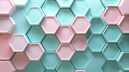 Naklejka premium Abstract hexagonal grid pattern, soft pastel tones of pink and teal, smooth transitions between shapes, subtle 3D depth, minimalistic and calming modern design