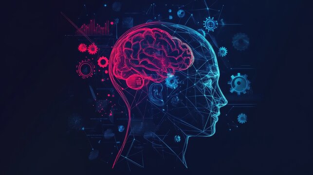 Creative team working on a high-tech IT project represented by a human head or brain with gears, blockchain and AI artificial intelligence, flat cartoon illustration clip art minimal UI UX.