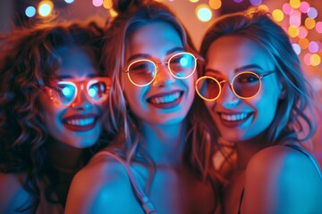 Obraz premium Three teenagers smile brightly while wearing colorful light up glasses at a vibrant party filled with decorations and cheerful ambiance