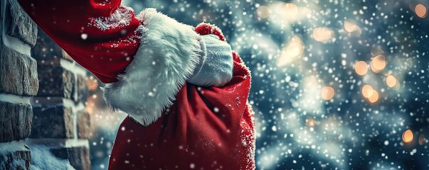 A festive hand pulling a red sack from a snowy scene, evoking the joy and magic of Christmas celebrations.