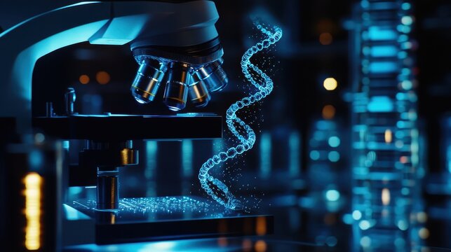 Close-up of a biotechnology microscope examining a DNA prototype with precision detail, high-tech lab setting, [biotechnology], [microscope prototype]. - Powered by Adobe