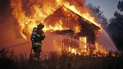 Obraz premium Firefighters battle a fierce house fire at night, spraying water to control the flames threatening nearby structures and vegetation