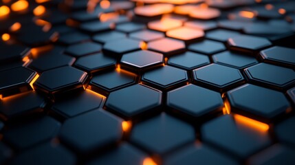 Obraz premium Abstract hexagons with soft light and shadows floating in a 3D space, viewed side. Emphasizing high-tech depth. Cybernetic tone, Split-complementary color scheme