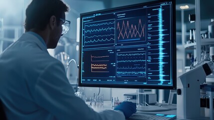 Detailed view of genetics software interface running DNA analysis in a modern biotechnology lab, [genetics software], [biotech lab].