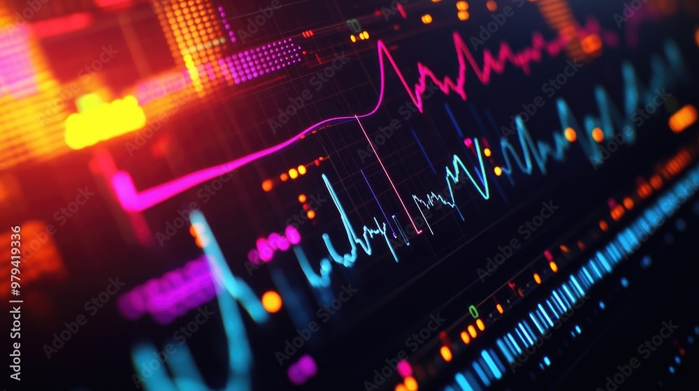 Wall mural close-up of a digital oscilloscope screen displaying vibrant electrical waveforms and signal pattern