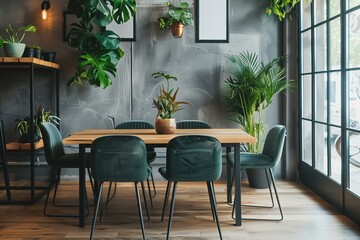 Modern industrial dining space with natural wood and metal furniture, surrounded by lush indoor plants and bathed in natural light from large floor-to-ceiling windows, creating a vibrant ambiance