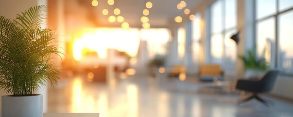 Beautiful blurred background of a light modern office interior with panoramic windows and beautiful lighting