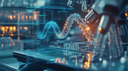 Bioengineering software interface projecting molecular data in a biotech lab, close-up with lab instruments, [biotechnology lab], [bioengineering innovation].