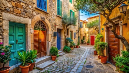 Obraz premium Sardinian charm rustic seaside village houses colorful doors shutters narrow cobblestone streets charming piazzas ancient olive trees warm soft light cinematic