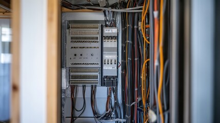 Mid-construction site showcasing exposed electrical wiring and insulation layers with a focus on detail and texture, emphasizing the intricate setup of utilities.