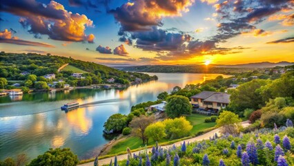 lakeway vibrant summer colors lush green landscapes sun kissed lakeside fun warm atmosphere joyful hill country celebrations lively Texas spirit