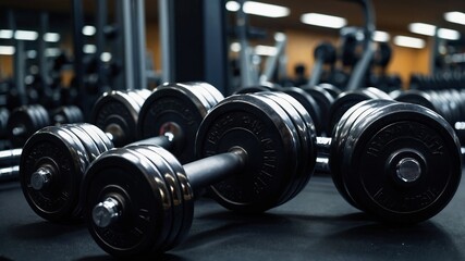 a close-up of a pair of black dumbbells with metallic handles placed on a dark surface. The background is slightly blurred, showcasing various gym equipment