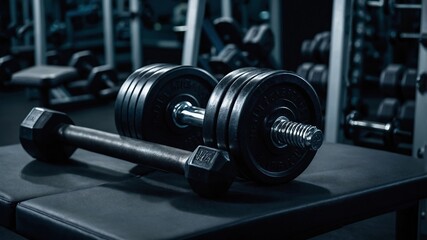 Fototapeta premium a close-up of a pair of black dumbbells with metallic handles placed on a dark surface. The background is slightly blurred, showcasing various gym equipment