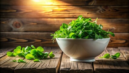 Fresh greens overflowing from pure white ceramic bowl against rustic wooden backdrop with warm morning light and subtle shadows.