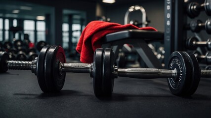 Fototapeta premium a close-up of a pair of black dumbbells with metallic handles placed on a dark surface. The background is slightly blurred, showcasing various gym equipment