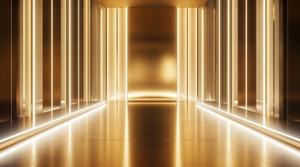 Sleek modern stage with glowing gold and white led panels and dramatic lighting