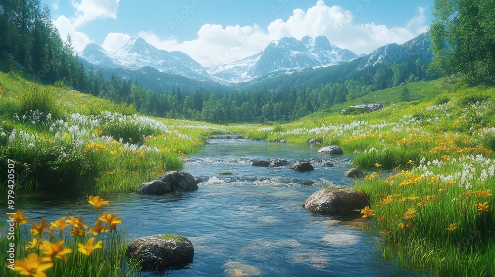 Poster a beautiful, serene landscape with a river running through it