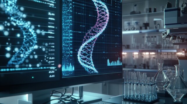 Advanced bioengineering software visualizing DNA models in a biotech lab, close-up with lab equipment and digital screens, [biotech lab], [bioengineering software].