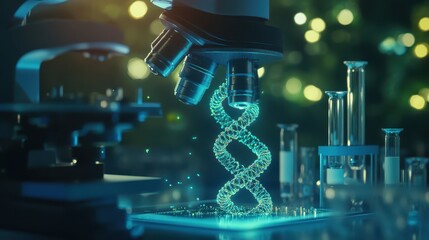 High-detail close-up of a microscope inspecting a prototype DNA model in a biotech lab, surrounded by lab equipment, [biotech lab], [microscope prototype].
