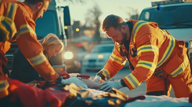 Paramedics performing emergency care on an injured person next to a crash scene, close-up of treatment, 16:9 ratio, [emergency], [crash injury].