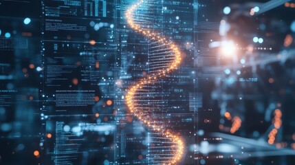 High-resolution close-up of DNA helix inside a modern biotech lab, with digital elements overlaying scientific data, [DNA structure], [biotechnology innovation].