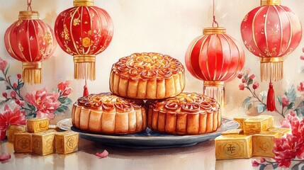 Naklejka premium A beautiful display of mooncakes surrounded by festive lanterns and floral decorations, symbolizing celebration and tradition.
