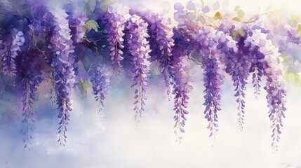 A beautiful watercolor illustration of cascading purple wisteria flowers, creating a serene and dreamy atmosphere.