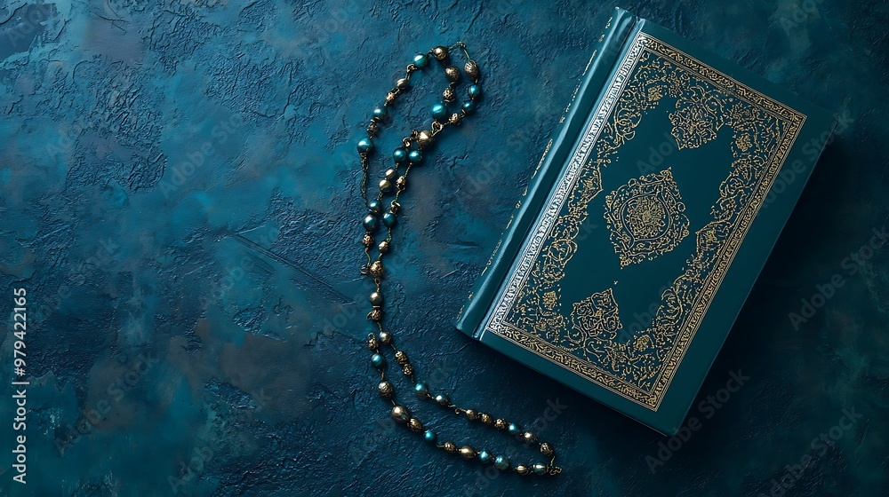 Wall mural Quran and rosary on a black background with copy space