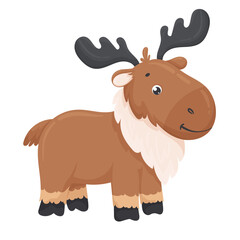 Vector illustration of a cute moose, isolated on a white background. Cartoon drawing of a polar animal. Moose in cartoon style