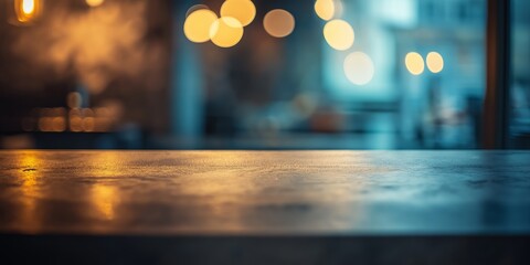 A cozy, dimly-lit restaurant with a focus on the blurred lights above the bar countertop, creating a warm ambiance.