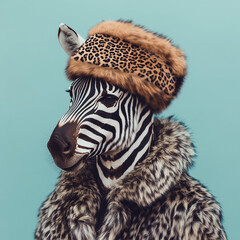 Naklejka premium Close-up portrait of cute zebra wearing leopard fur cap and winter coat on pastel background