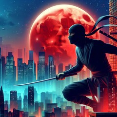 Cool 2D illustration of modern ninja and big red moon, cinematic colors of the city.