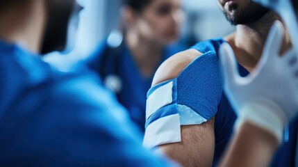 Medical team stabilizing an injured shoulder with a safety brace, close-up with focus on patient care, 16:9 wide view, [injured], [medical safety].